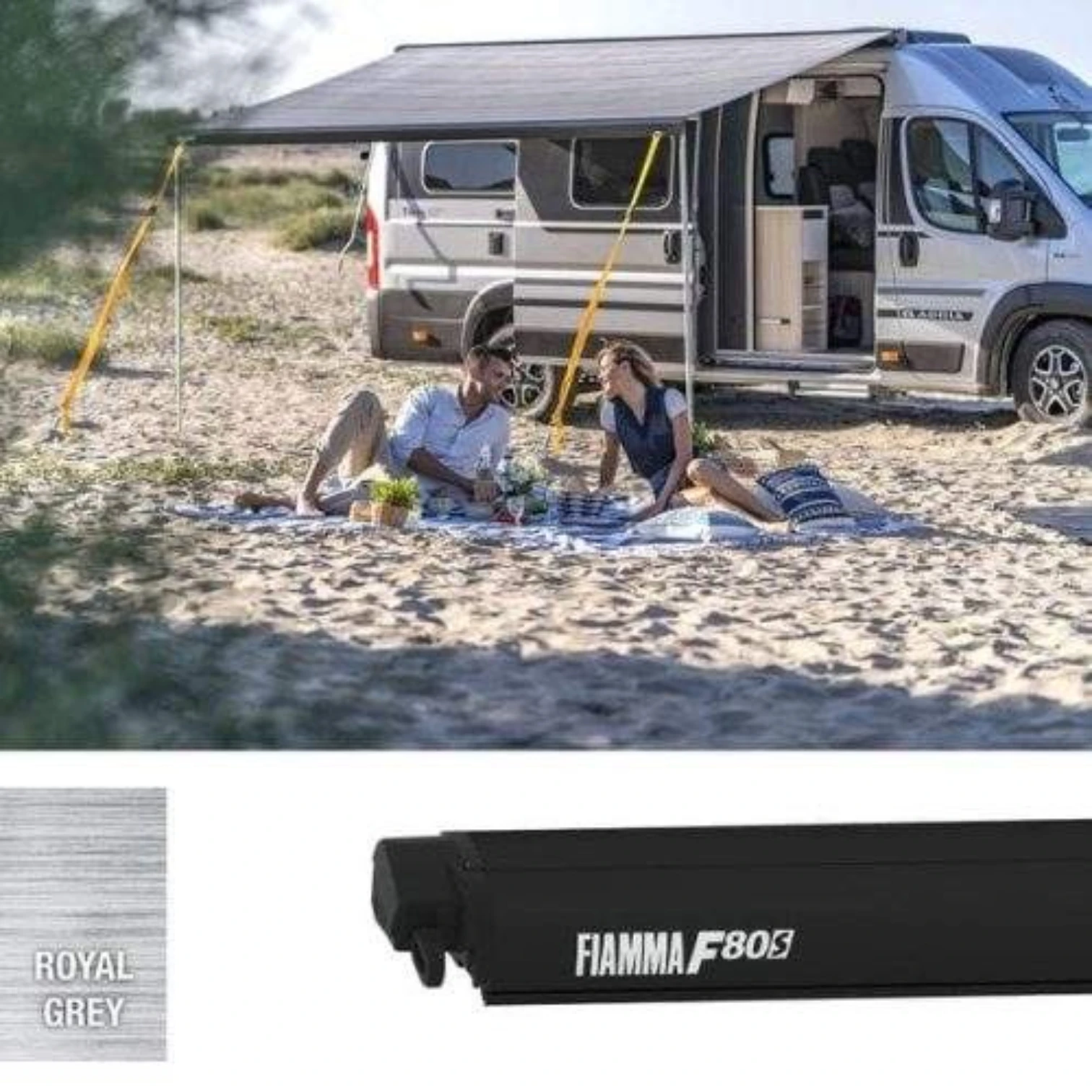 Fiamma F80s FIAT DUCATO 370 Awning Deep Black INC BRACKETS - Royal Grey Fabric 07831P03R 3.7M Peugeot Boxer Citroen Relay 2007+