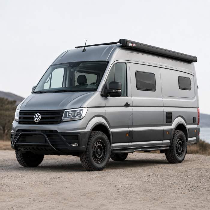 Crafter Man TGE MWB Fiamma F80s 320 Awning Deep Black - Royal Grey Fabric 07831B03R & 98655Z058 Bracket mounts for Non roof rail Van